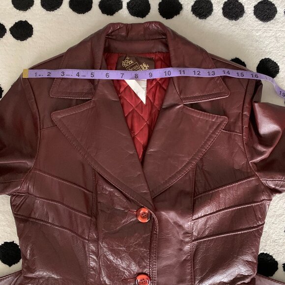 Vintage 70s Sears Burgundy Leather Quilt Lined Belted Blazer Jacket Trench Coat - Picture 13 of 16